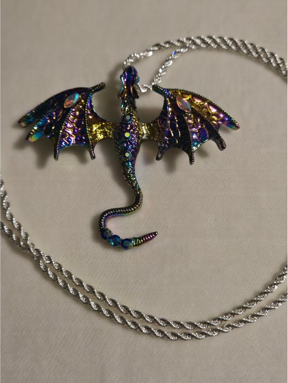 Rainbow Sparkle Chrome Dragon Pendant Necklace on 24-Inch Italian Silver 925  -